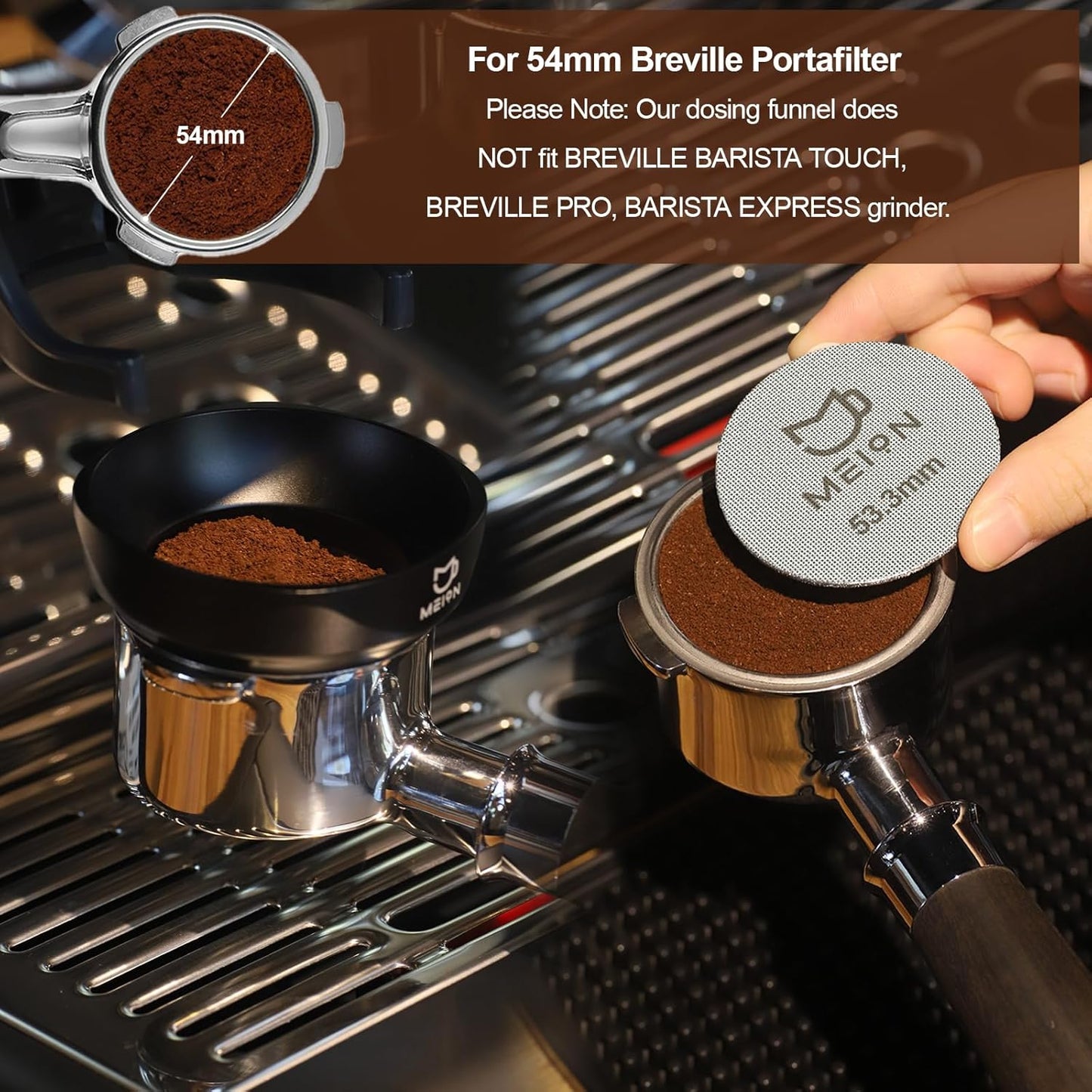 MEION 54mm Espresso Dosing Funnel and Puck Screen Set for 54mm Breville Portafilters, Magnetic Coffee Funnel, Reusable 53.3mm Espresso Puck Screen, Espresso Tools Espresso Accessories (54mm, Black)