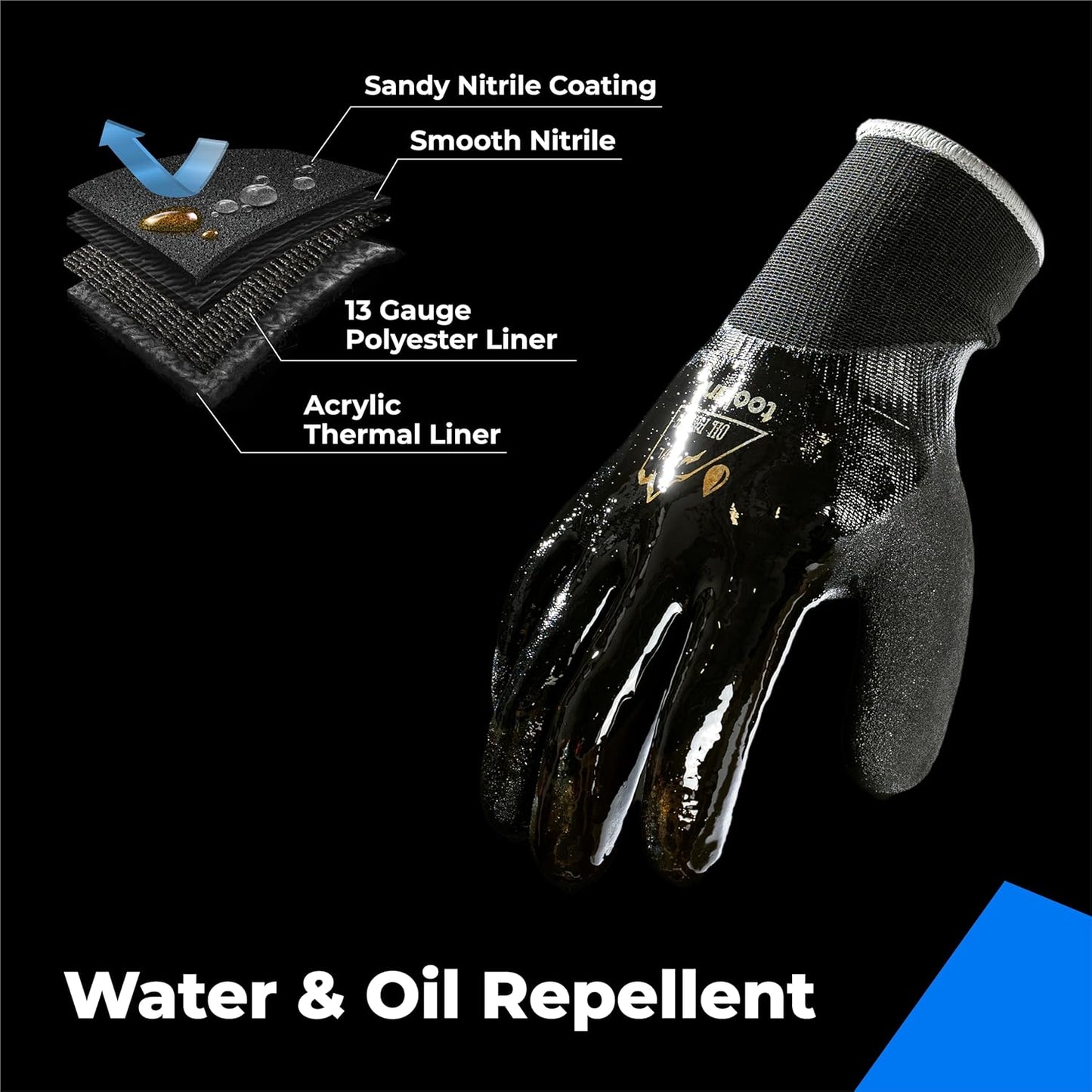 Waterproof Gloves for Men and Women, Freezer Gloves with Grip, Double Nitrile Dipped for Extreme Oil Repellent, for Construction, Mechanics, Mining, Plumbing, Black, XX-Large