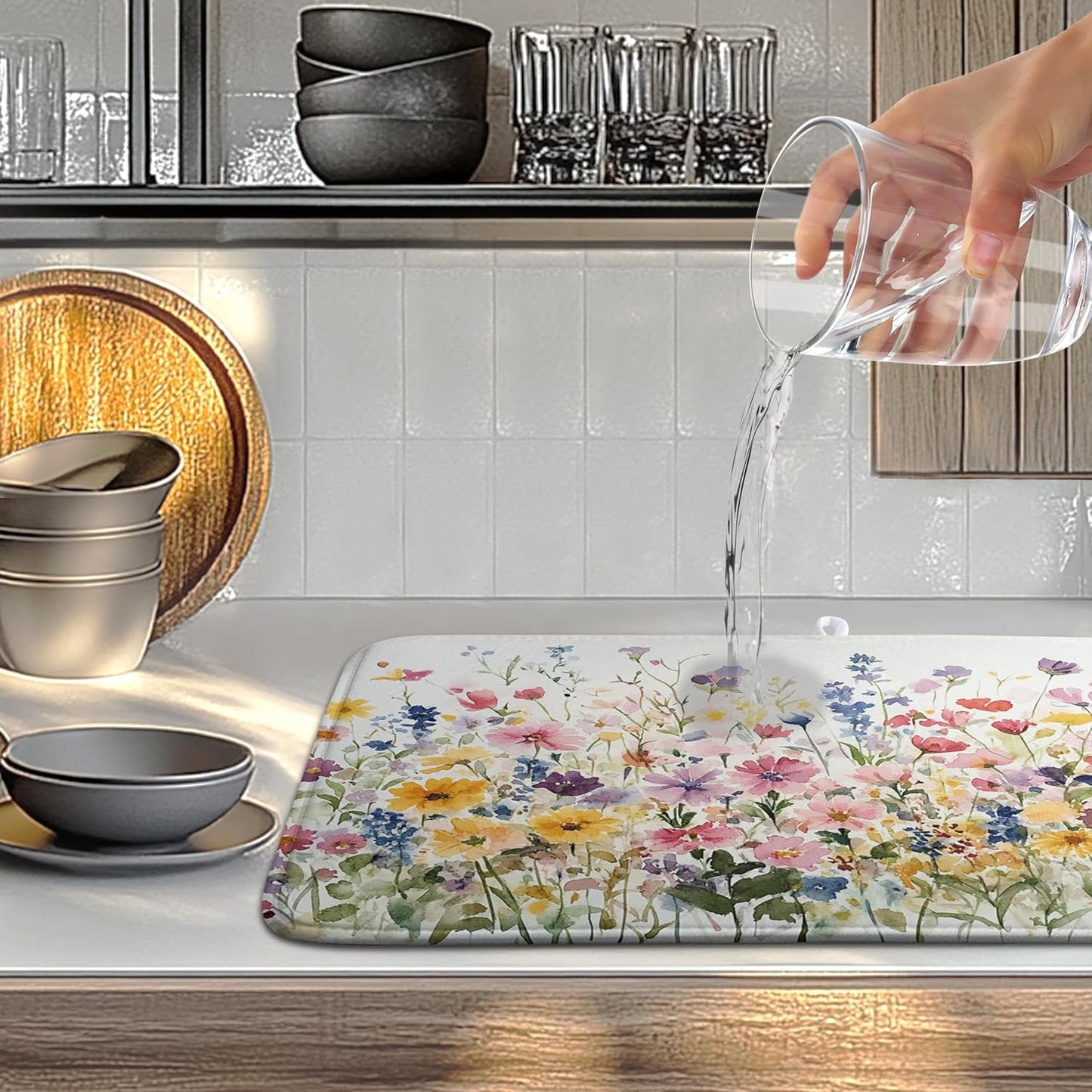 Spring Floral Dish Drying Mat for Kitchen Counter Summer Colorful Flower Kitchen Dishes Dryer Pad Absorbent Matt Microfiber Washable Foldable Reusable Large 18x24 in