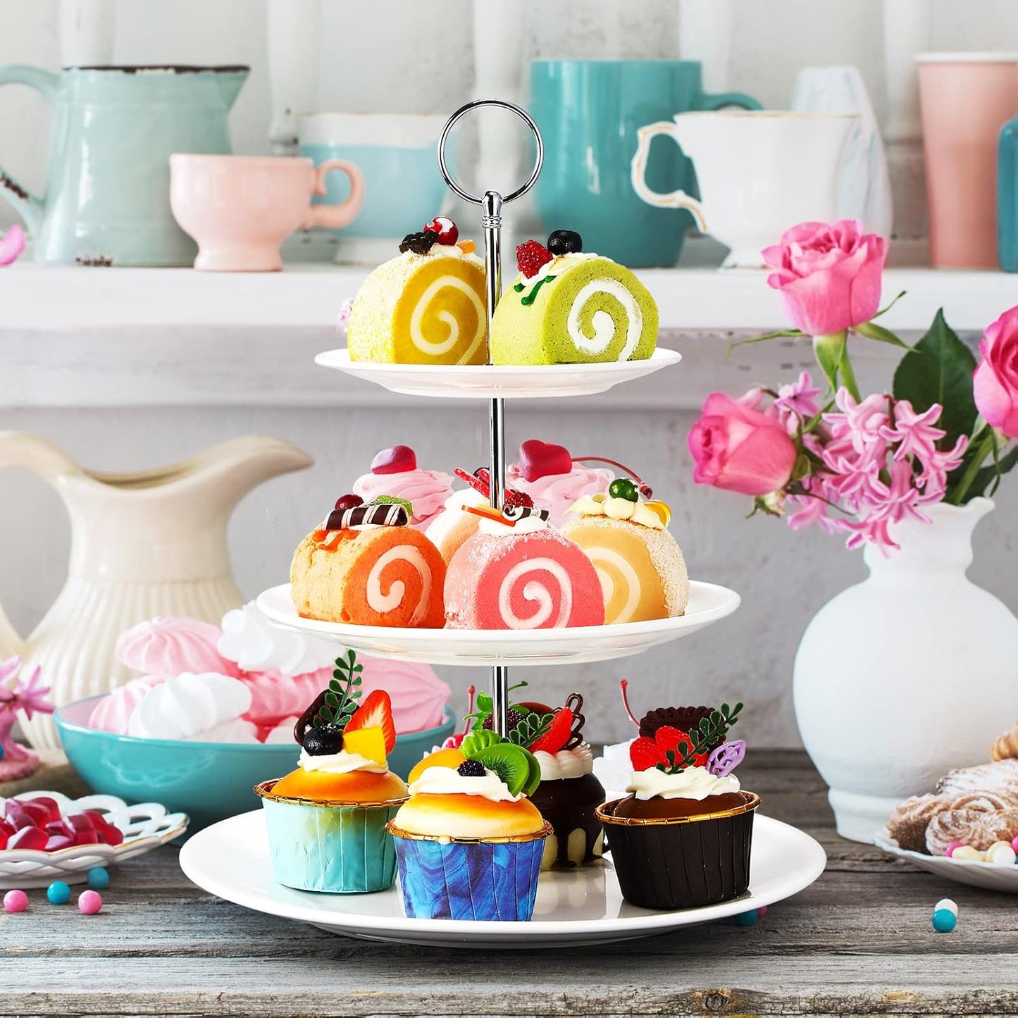 Tatuo 2 Pcs 3 Tier Porcelain Cupcake Stand, Cup Cake Holder Tower, Pastry Serving Elegant Dessert White Ceramic Tiered Stand for Wedding, Birthday, Tea Party(Delicate Round Shape)