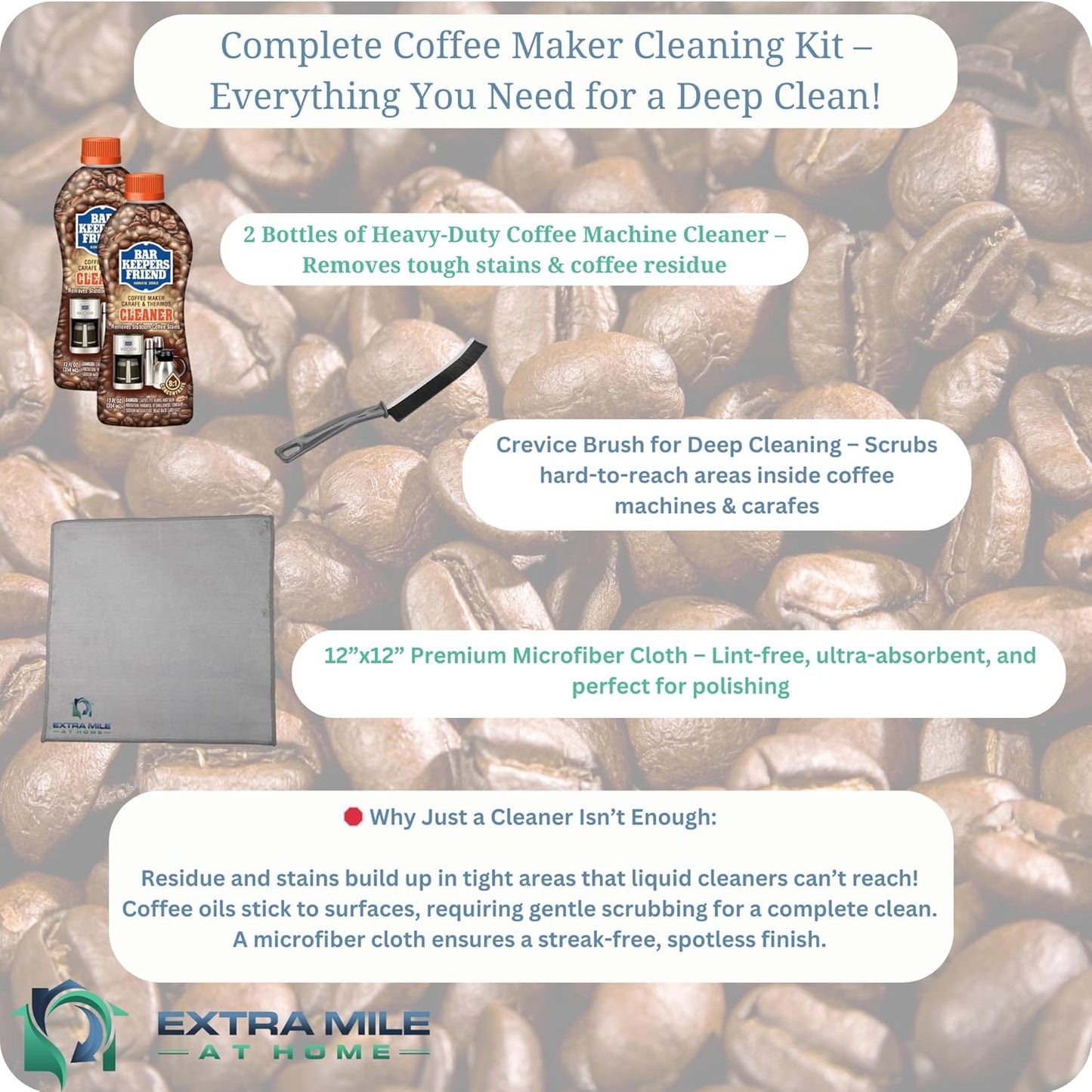 Coffee Maker Cleaning Kit 2 Bottles Heavy-Duty Descaler, Crevice Brush & 12"x12" Microfiber Cloth Removes Stains & Residue from Drip Coffee Pots, Espresso Machines