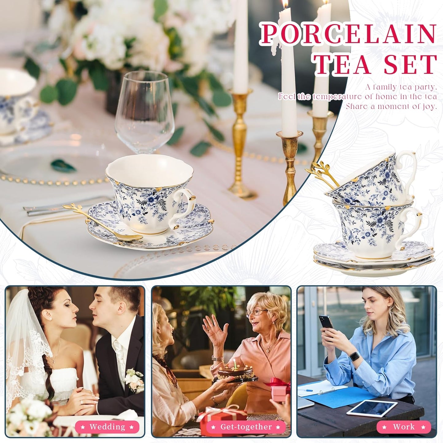 TATSUMI Country Roses 18 Peices Bone China Tea Cup And Saucer Set, English Vintage Tea Cups Of 6 For Women And Tea Party Sets