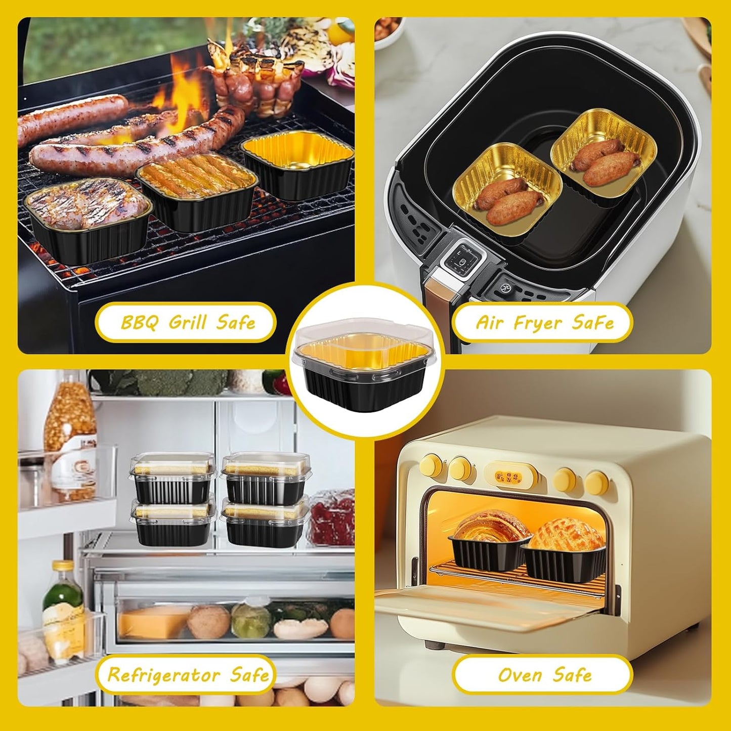 50 Pack Square Mini Cake Pans with Lids,Mini Loaf Pans with Lids,Aluminum Foil Baking Cups,Disposable Ramekins Cupcake Cups,Dessert Cups for Wedding Birthday Party,5oz (Black&Gold)