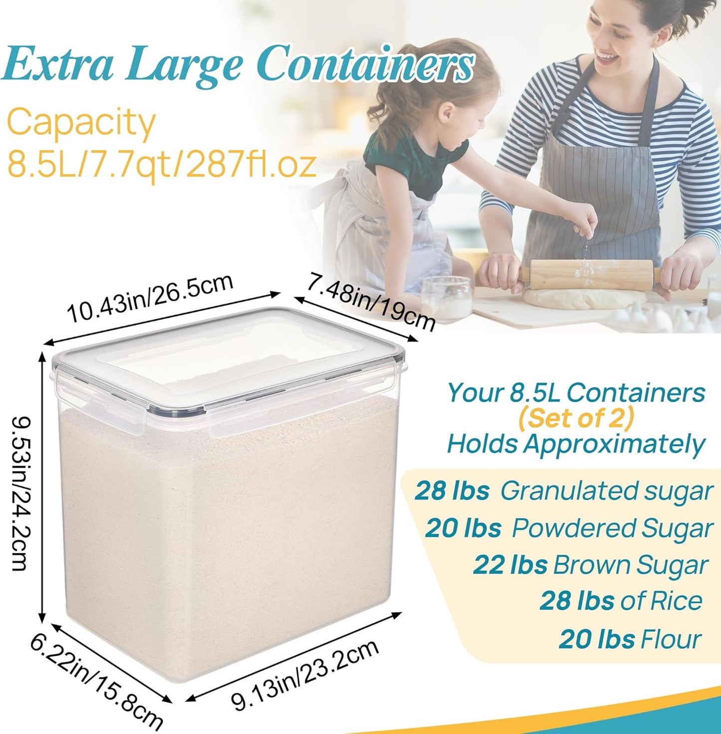 Vtopmart 8.5L 2 Pack Extra Large Flour Sugar Storage Containers for 20lbs flour, Airtight Kitchen Pantry Organization Canisters with Lids for Bulk food, Rice, Baking Supplies, BPA Free, Black