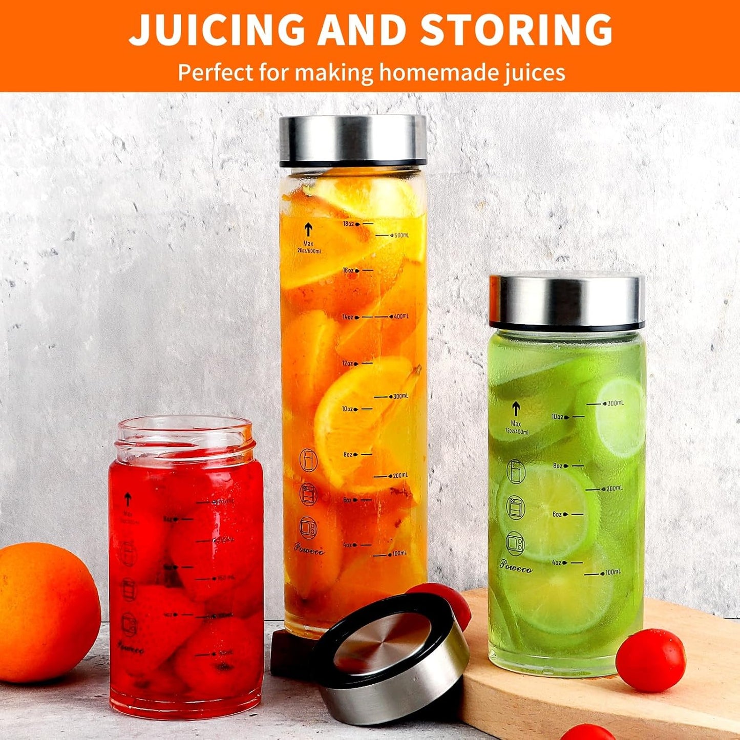 Glass Juice Bottles 4 Pack 12 oz - Wide Mouth Glass Water Bottles with Lids - for Juicing, Protein, Smoothie, Milk, Reusable, BPA Free, Stainless Steel Lids, Blender, Shaker Bottle [12oz/400ml]