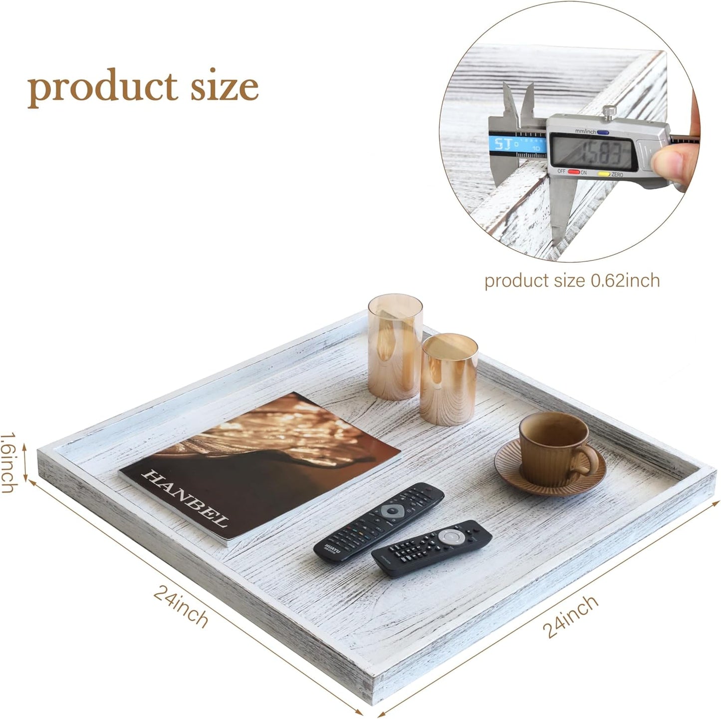 Extra Large Square Ottoman Table Tray 24" - Rustic Wooden Serving Tray for Farmhouse Decorative Oversized Coffee Table Trays Living Room Kitchen Counter Breakfast Whitewash