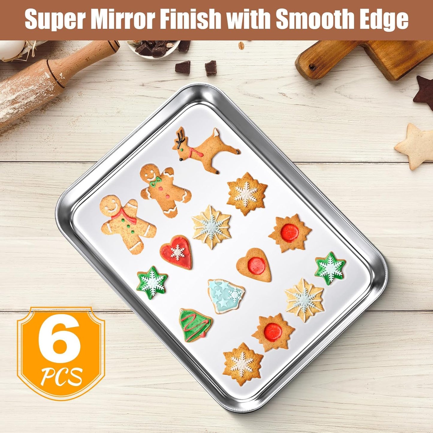 6 Pcs Baking Sheet Pan Set 9 x 6.7 x 1 inches Cookie Sheet Small Toaster Oven Pans Stainless Steel Tray Barbecue Grill Pan Rectangle Trays Oven, Non-stick, Easy Clean