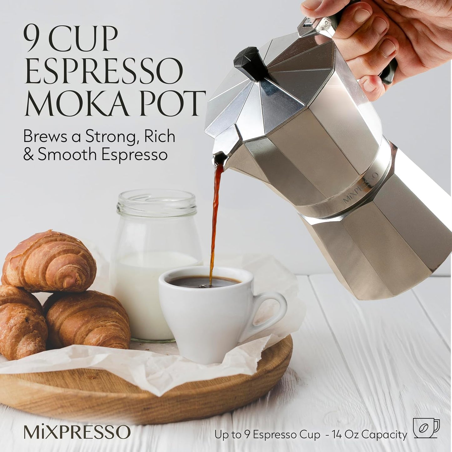 Mixpresso 9 Cup Moka Pot Cuban Coffee Maker, Moka Pot for Gas, Electric Stove Top, Classic Italian Coffee Maker, Stovetop Espresso Maker, Camping Pot Makes 9 Espresso Cup 14 Oz