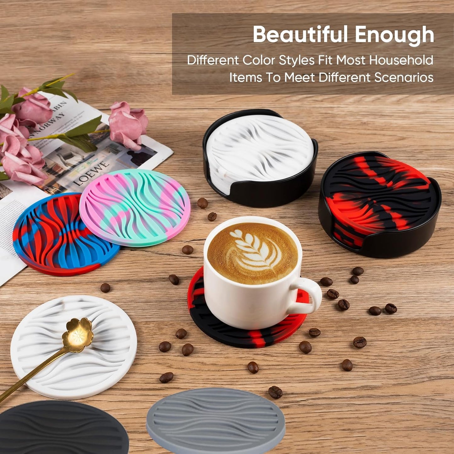 6 Pack Rubber Drink Coasters,Coasters for Drink with Holder,Silicone Cup Mat Non-Stick,Non-Slip,Thickened Live for Hot or Cold Drink-Pure Black