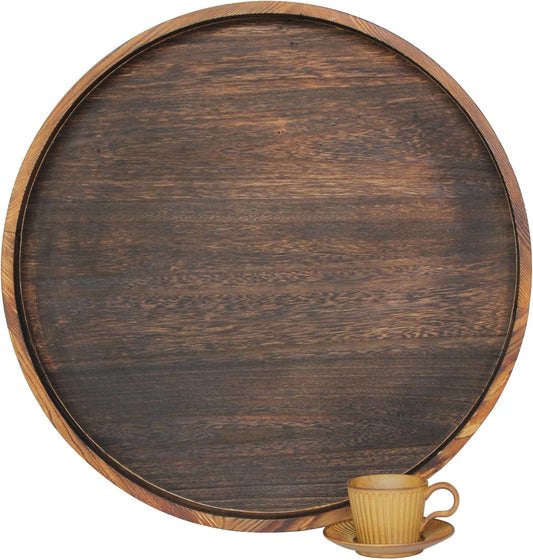 Extra Large Round Ottoman Table Tray Round-24 - Rustic Wooden Serving Tray for Farmhouse Decorative Oversized Coffee Table Trays Living Room Kitchen Counter Breakfast Brown