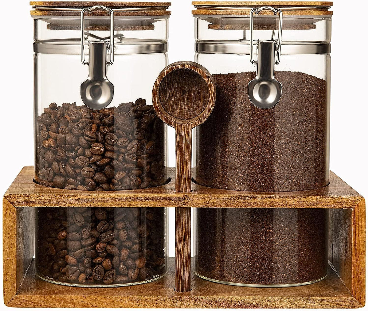 Yangbaga Glass Coffee Container with Wooden Shelf,2×45OZ Coffee and Sugar Container Set,Coffee Canisters with Airtight Lids and Scoop,Large Capacity Food Storage Jars for Coffee Beans,Nuts,Tea,Sugar