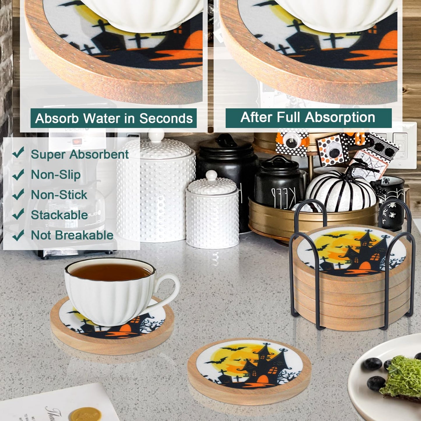 Halloween Coasters Set of 6, Unique Coaster, Minacun Absorbent Coasters with Holder Halloween Thanksgiving Themed Party Decoration 4.3 Inch