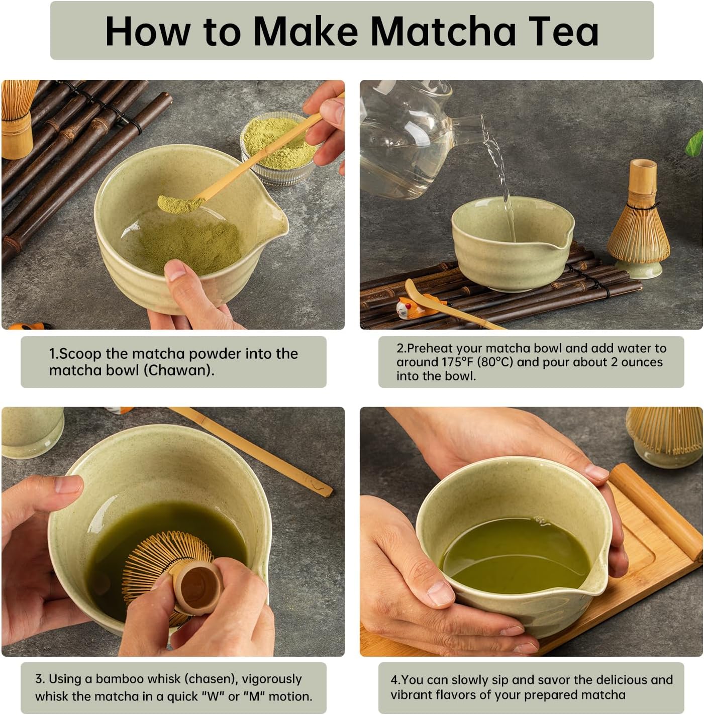 Matcha Whisk Set，Matcha Set includes Match Bowl with Spout and Whisk, Matcha Whisk Stand,Bamboo Matcha Scoop，5 Pcs Complete Ceramic Matcha Kit