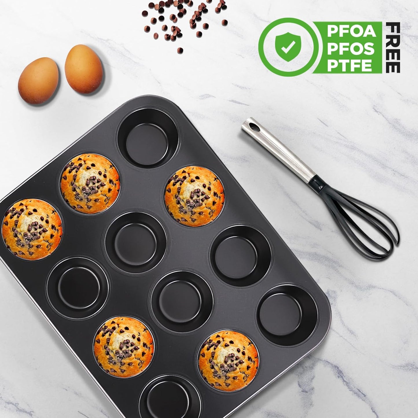 NutriChef 13” Non-Stick Muffin Baking Pan - Premium Dark Gray Carbon Steel Bake Tray, Commercial Grade Restaurant Quality Metal Bakeware - Dishwasher Safe