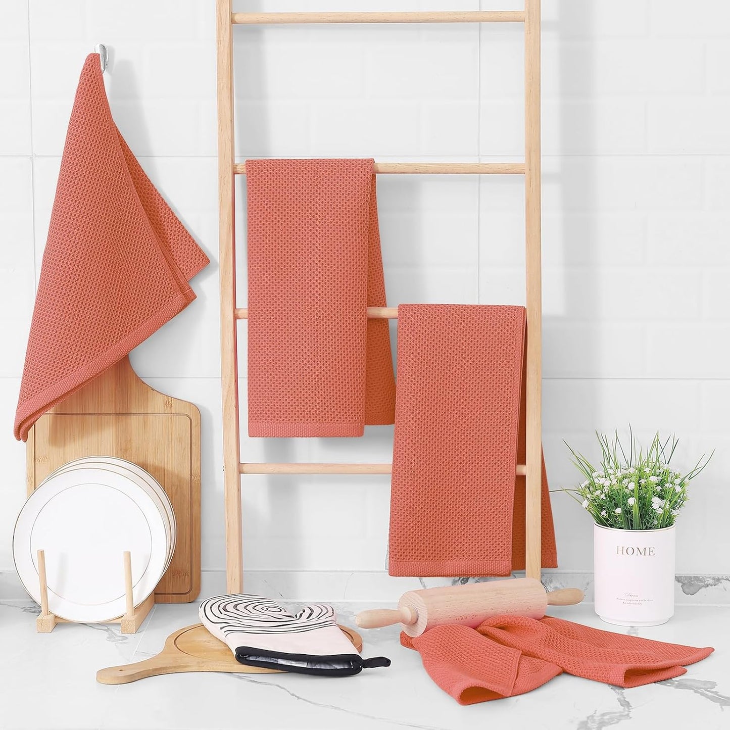 Homaxy 100% Cotton Waffle Weave Kitchen Dish Towels, Ultra Soft Absorbent Quick Drying Cleaning Towel, 13 x 28 Inches, 12-Pack, Coral