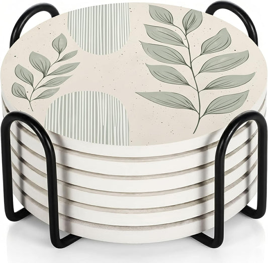 VEYRO Coasters Set of 6 for Drinks – Absorbent Ceramic Stone Drink Coasters with Cork Backing for Coffee Table & Desk, Modern Boho Look Cup Coaster Set, Housewarming Gift for New Home