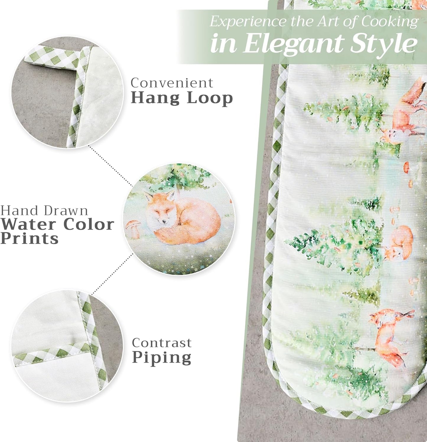 Maison d' Hermine Double Oven Mitts 100% Cotton 7"x35" Double Oven Mitt Heat Resistant BBQ Cooking Gloves with Loop, Baking, Grilling, Home, Kitchen, Handling Hot Pans (Winter Mornings)