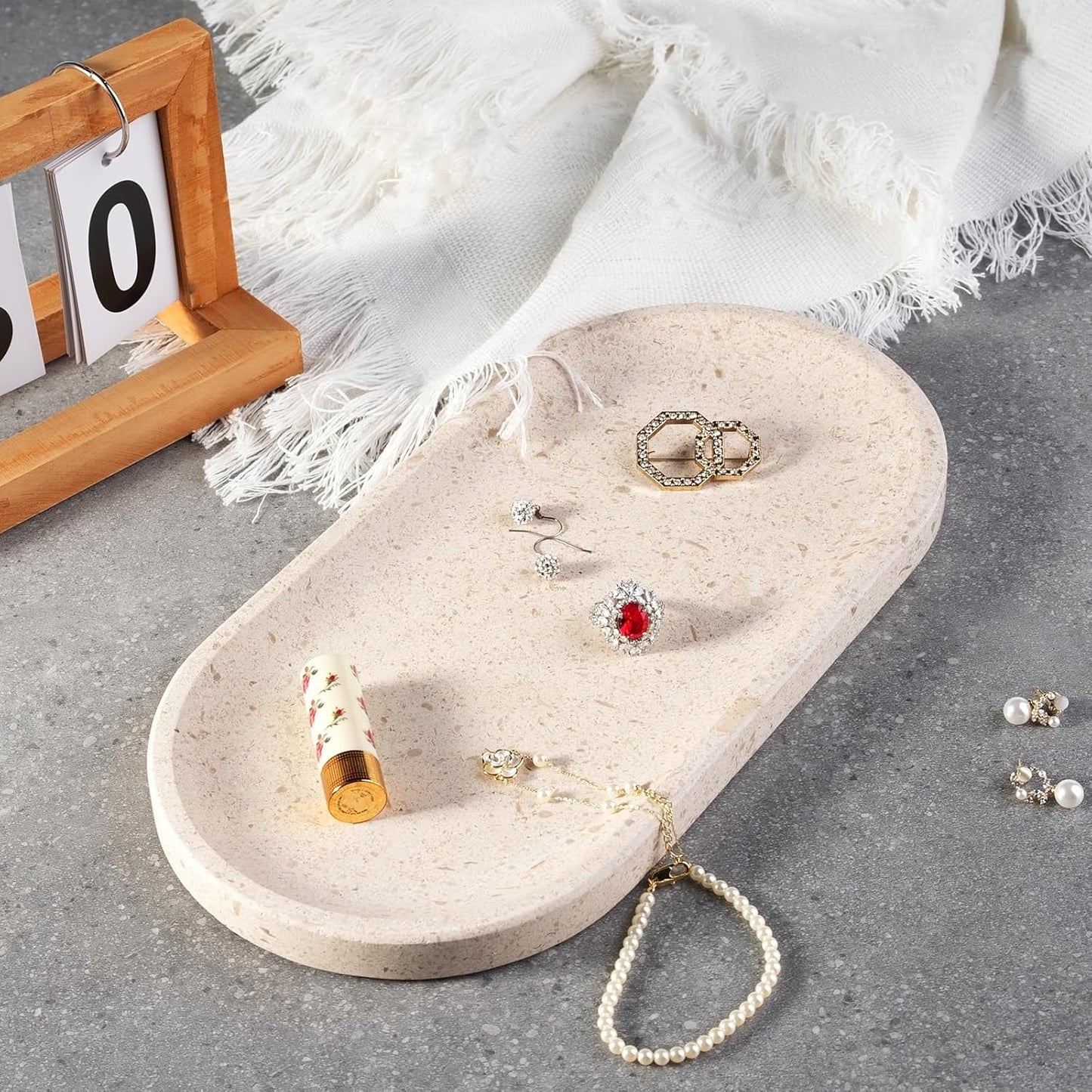 Koville Marble Vanity Tray for Decor, Natural Bathroom Tray for Bathroom Countertop, Stone Decorative Trays for Dresser Organizer, Storage Trays for Perfume, Jewelry Holder(Beige Yellow)