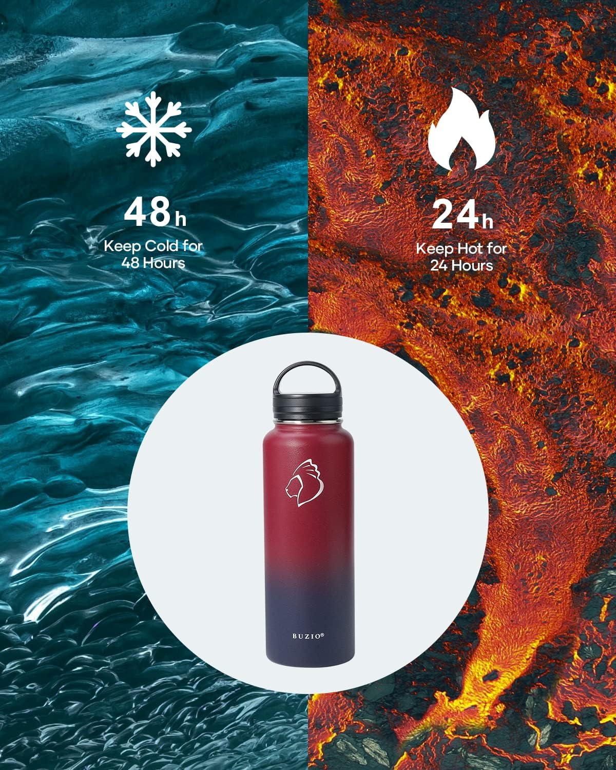 BUZIO 40 oz Water Bottle Insulated with Straw & 3 lid and Carrying Pouch, Leak Proof Anti-Slip Stainless Steel Water Flask Jug, Cold for 48 Hrs Double Vacuum Thermo Canteen, BPA-Free, Ruby Red Navy