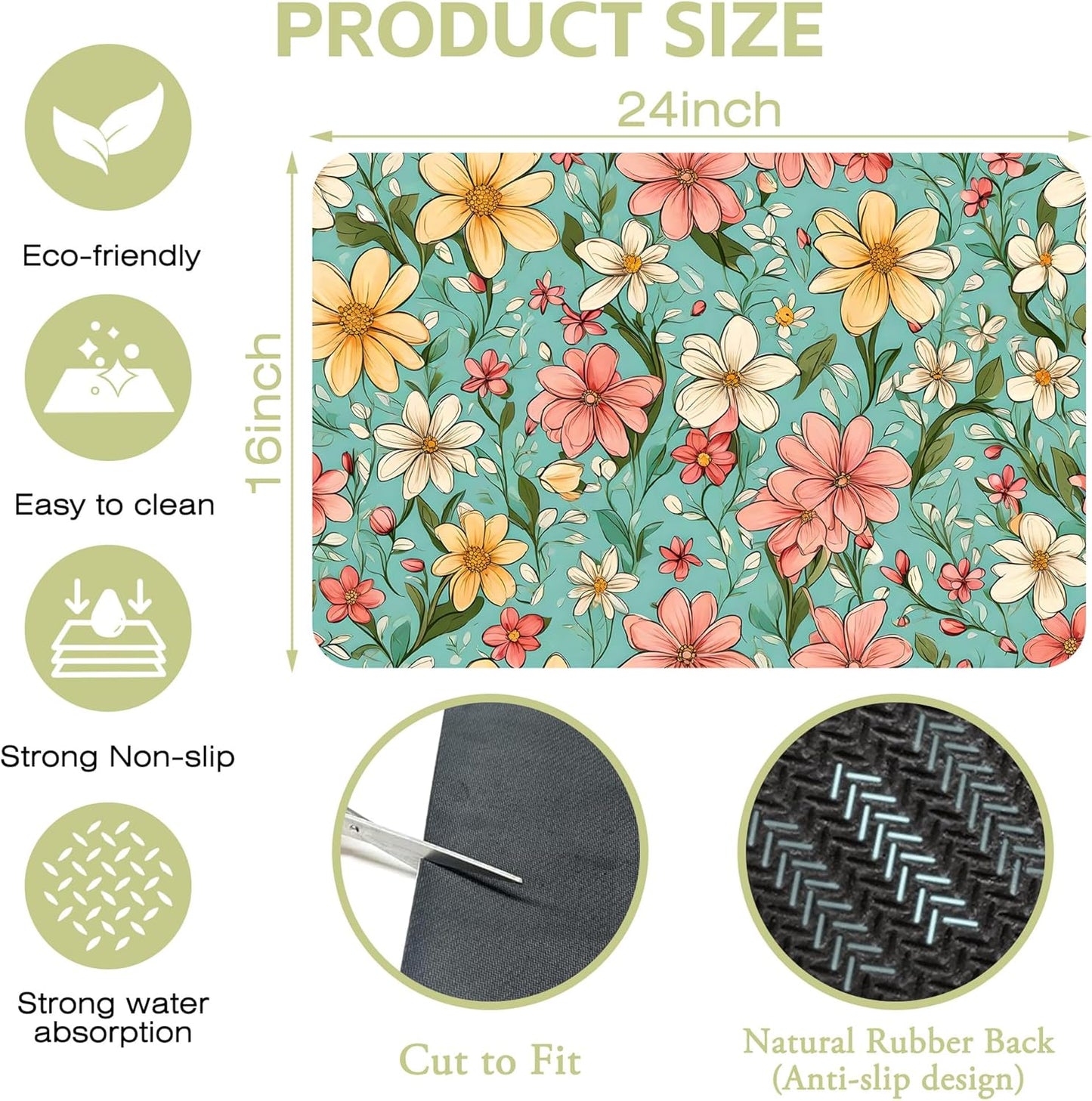 Dish Drying Mat Spring Flower Kitchen Mat 16"x24" Bsorbent Coffee Maker Mat for Dishes,Utensils Coffee Maker Pots and Pans Easy Clean Dish Slip Resistant Pad