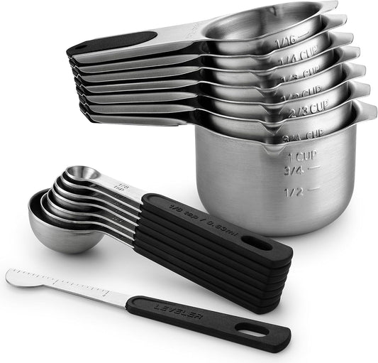 Spring Chef Magnetic Measuring Cups & Spoons Set (Patent Pending), Strong N45 Magnets, Heavy Duty Stainless Steel Fits in Spice Jars for Baking & Cooking, BPA Free, Round Set of 15 with Leveler, Black