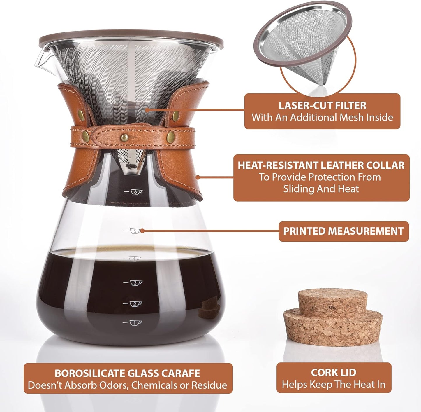 Pour Over Coffee Maker Set with Double-Layer Stainless Steel Filter, Coffee Dripper, Cork Lid and Leather Collar Holder - High Heat Resistance Borosilicate Glass Carafe, Great Gift Idea (37 oz)
