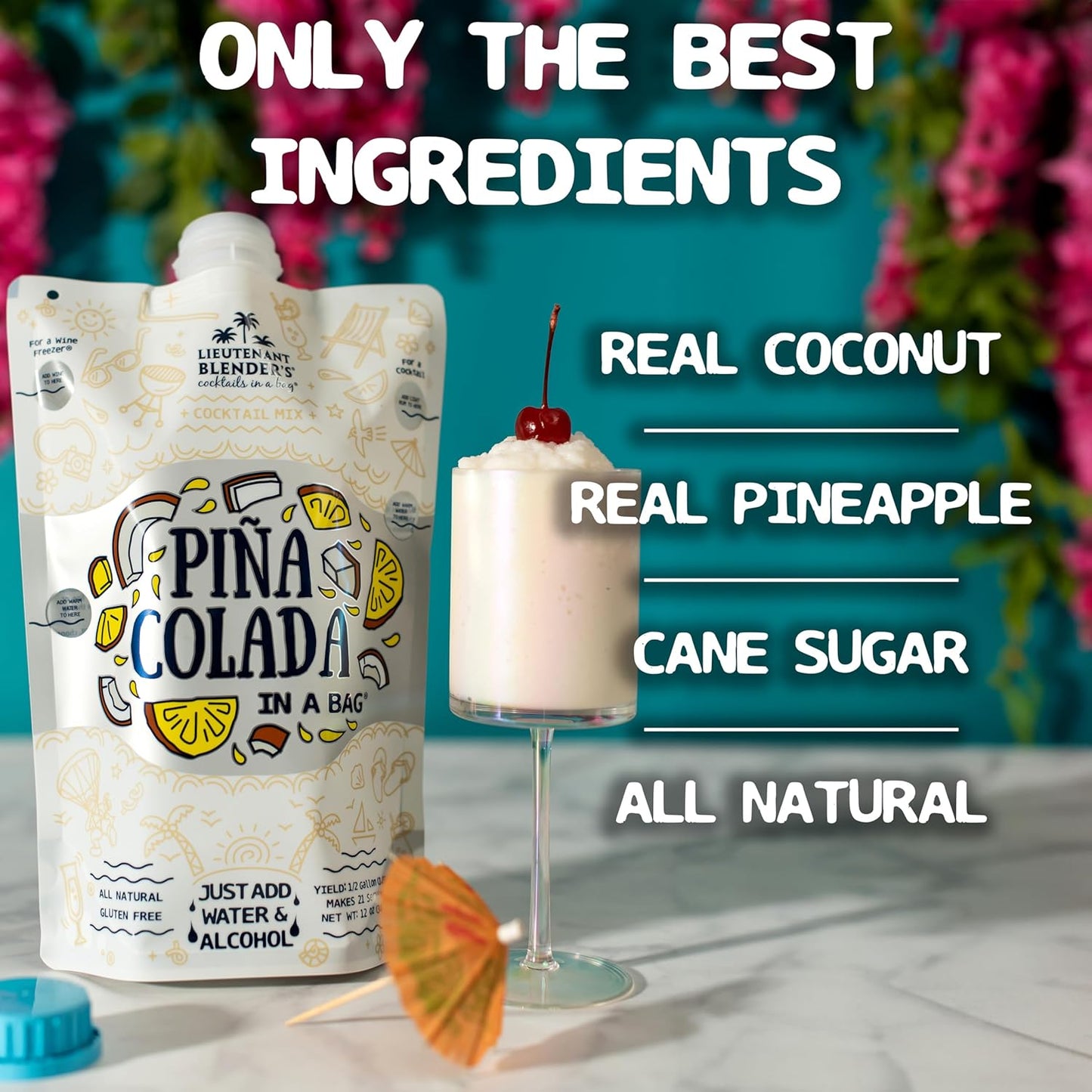 Lt. Blender's Pina Colada in a Bag – Pina Colada Drink Mix - Each Bag Makes 1/2 Gallon of Slushie Pina Colada Mix – Cocktail Mix - Make a Cocktail, Wine Slushie or Mocktail - (Pack of 4)