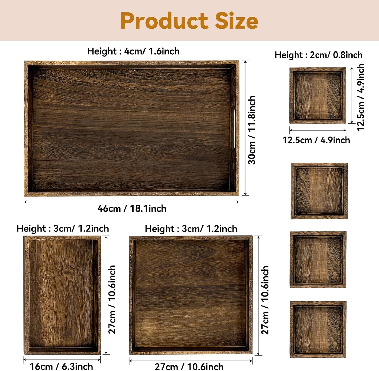 Rustic Wooden Serving Trays with Handle, Serving Platters, Charcuterie Board Set of 7 Nesting Food Trays for Serving Food, Home Decor, Breakfast, Coffee Table, Bed Tray, Picnic