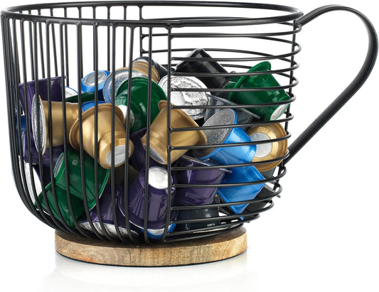 Coffee Pod Holder - Large Capacity Black Wire K Cup Storage with Wooden Base - Modern Coffee Basket Decor for Kitchen Countertop for Keurig Kcups & Espresso Capsules