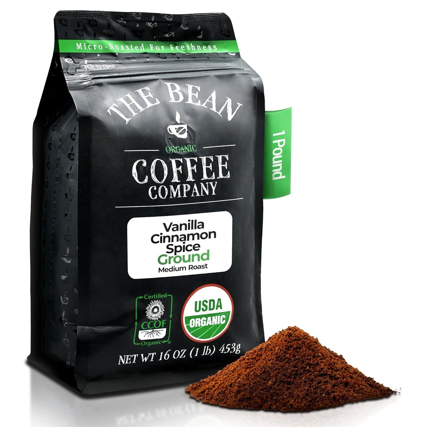 The Bean Organic Coffee Company Holiday Bean (Vanilla Cinnamon Spice), Medium Roast, Ground Coffee, 16-Ounce Bag, Café molido tostado orgánico