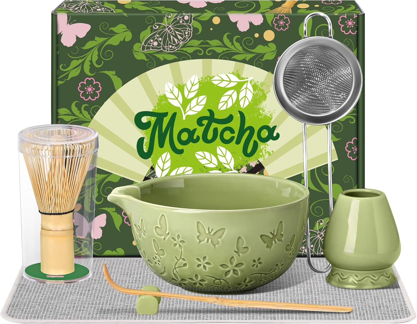 Ceramic Matcha Whisk Set 7 PCS Matcha Set Large Matcha Bowl, Matcha Whisk and Holder, Bamboo Scoop and Scoop Rest, Stainless Sifter and Tea Towel, Matcha Kit for Matcha Tea Ceremony Green