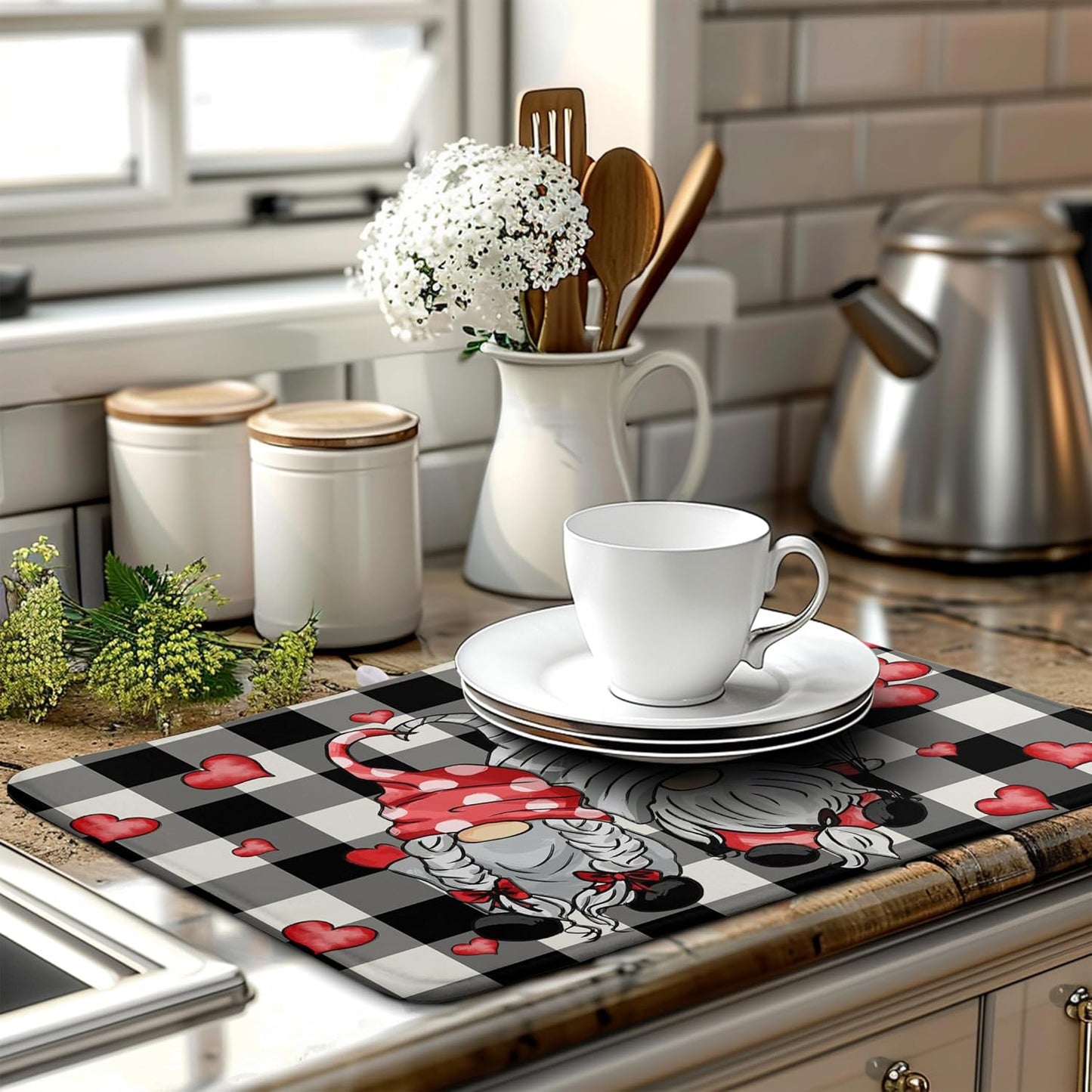 Valentine Gnome Hearts Dish Drying Mat Valentines Gnomes Dishes Dryer Mats for Kitchen Countertop 18x24 Inches Under Coffee Maker Drainer Matt Microfiber Large