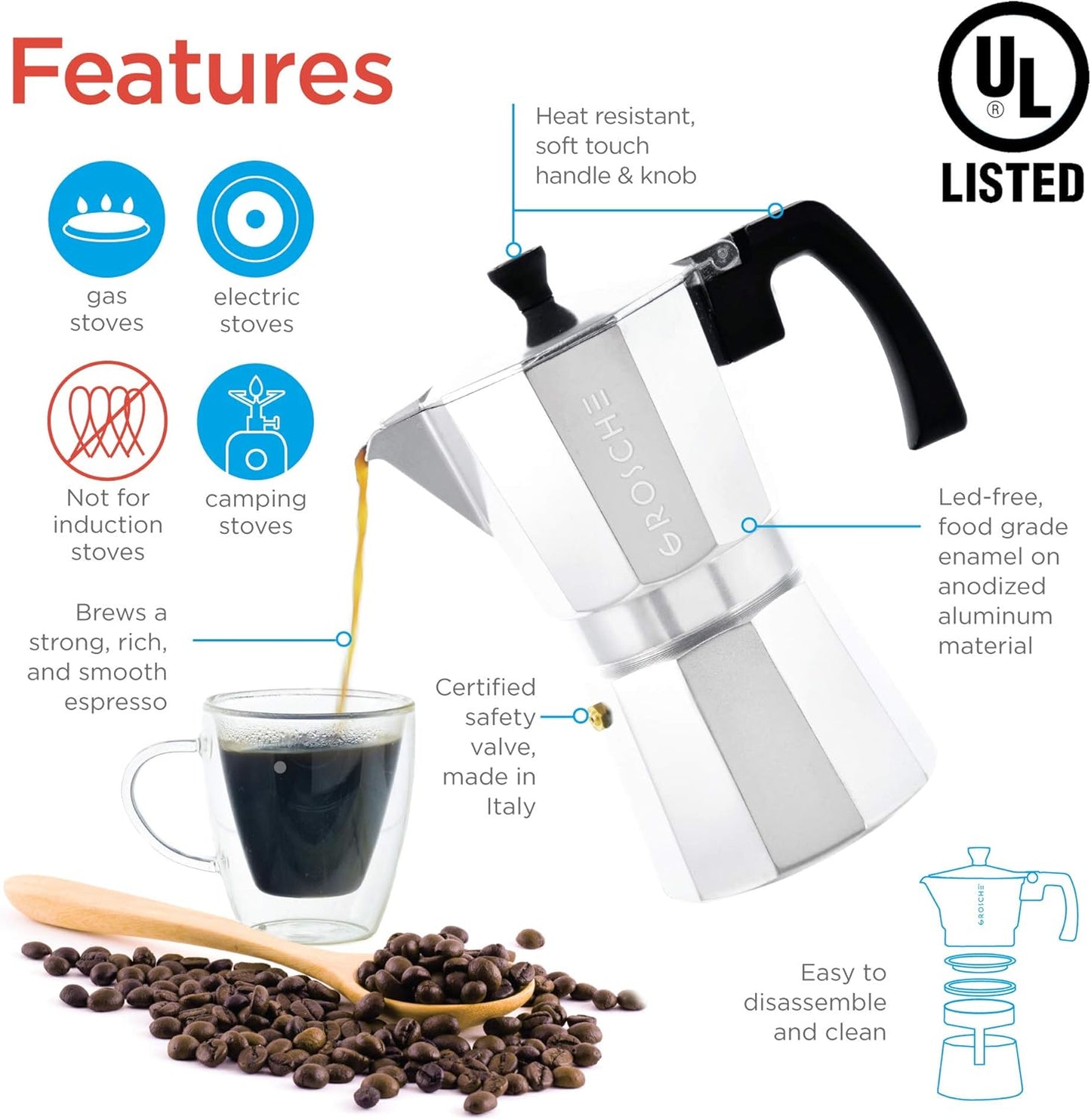 GROSCHE Milano Stovetop Espresso Maker Moka Pot 9 espresso cup, 15.2 oz, Silver Cuban Coffee Maker Stove top coffee maker Moka Italian espresso greca coffee maker brewer percolator