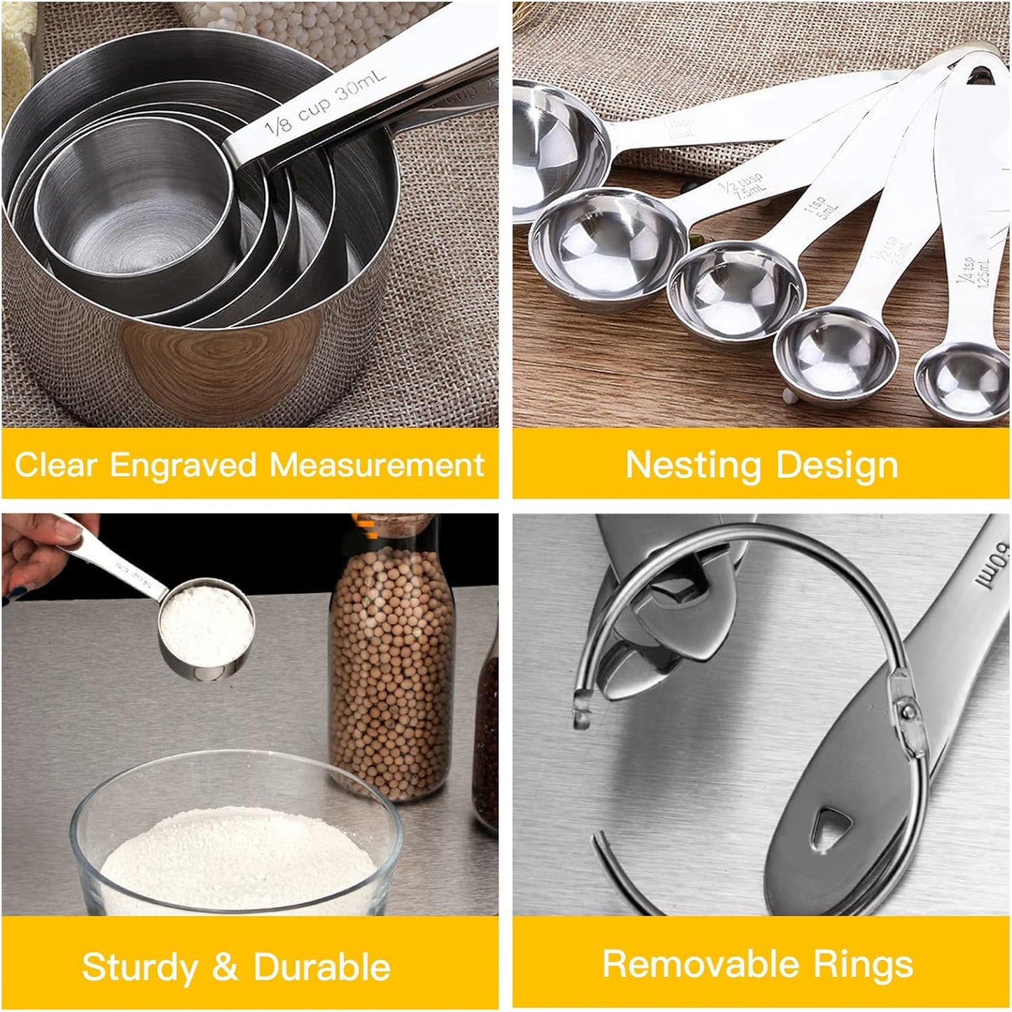 Joyhill Measuring Cups and Spoons Set of 10 Piece, Stainless Steel Measuring Cups Stackable, Nesting Metal Measuring Cup for Dry & Liquid Ingredients, Cooking & Baking