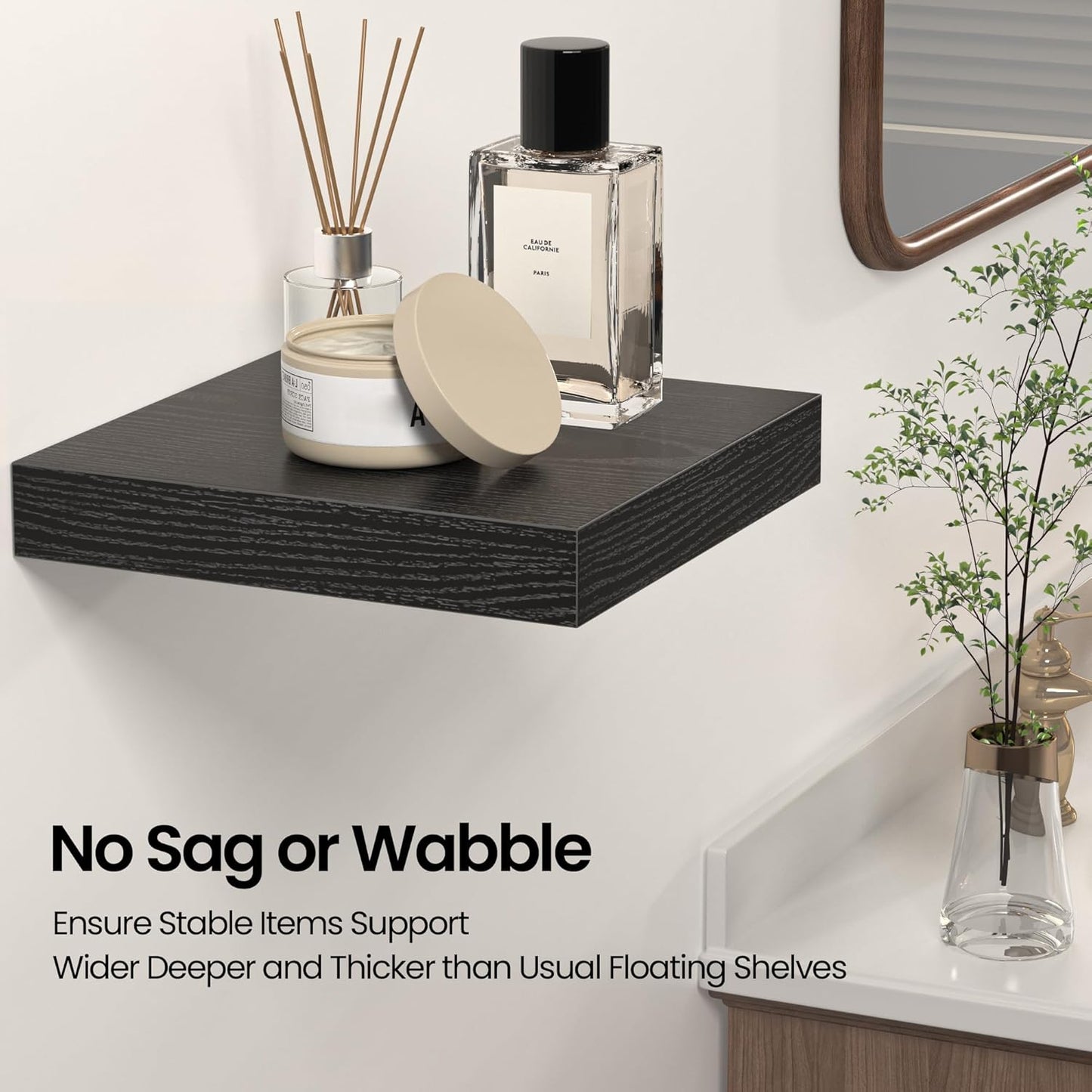 Square Floating Shelves for Wall, 8" W x 8" D x 1.2" H, Small Wooden Wall Mounted Display Shelves with Invisible Brackets for Living Room, Bedroom, Bathroom, Kitchen Decor, Set of 4, Black