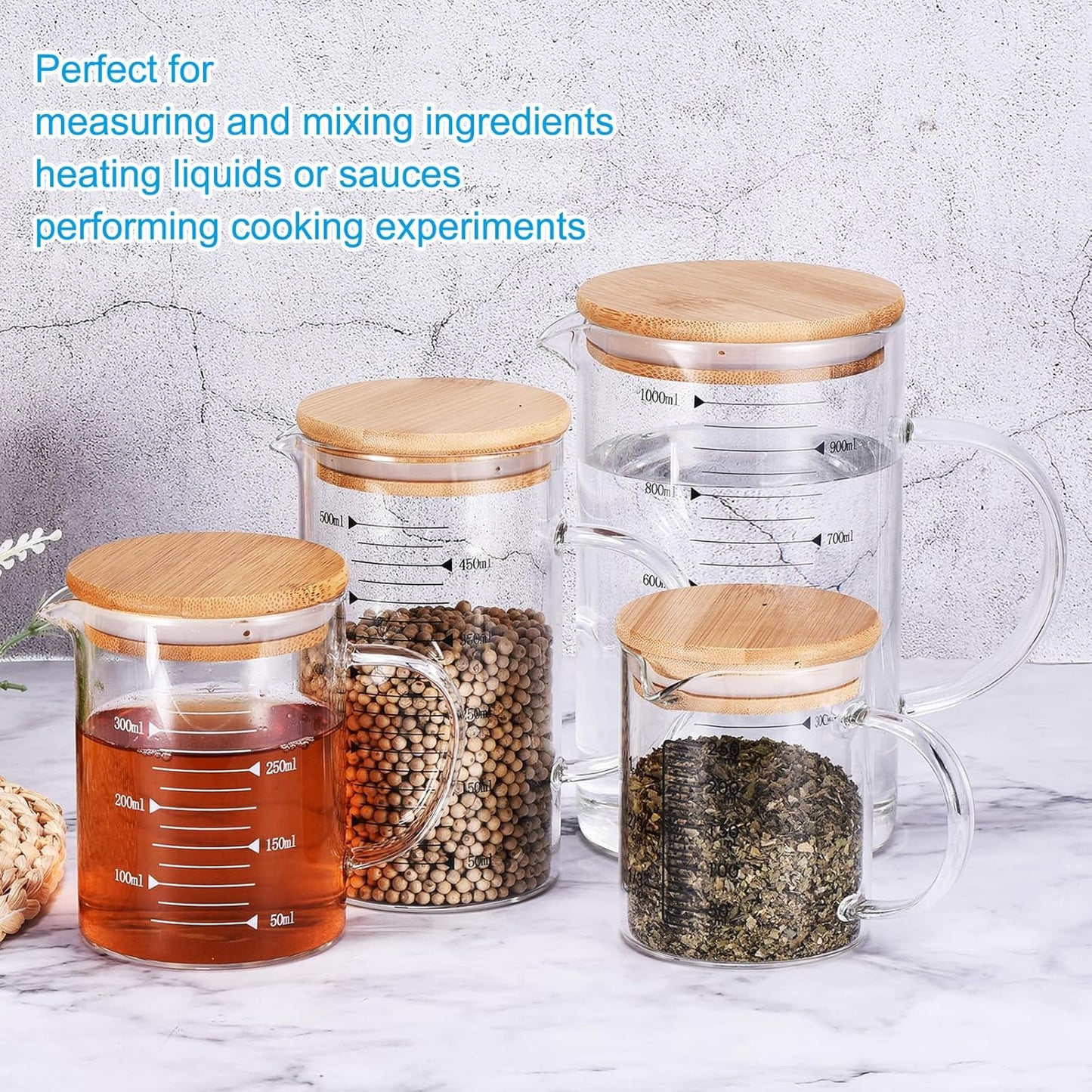 PATIKIL 1000ml Glass Measuring Cup, 3.3 Borosilicate Glass Graduated White Printed Scale Liquid Measure Cups Beaker with Wood Lid and V-Shaped Spout for Kitchen