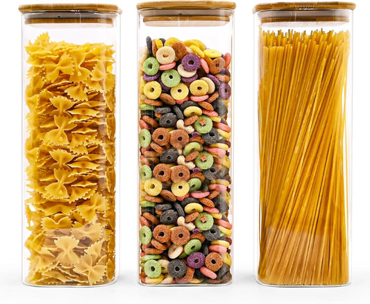 Glass Pasta Storage Jars Square 73oz, 3 Pack Glass Jars With Bamboo Lids, Tall Kitchen Storage Containers For Pasta, Storage For Pantry Organizers