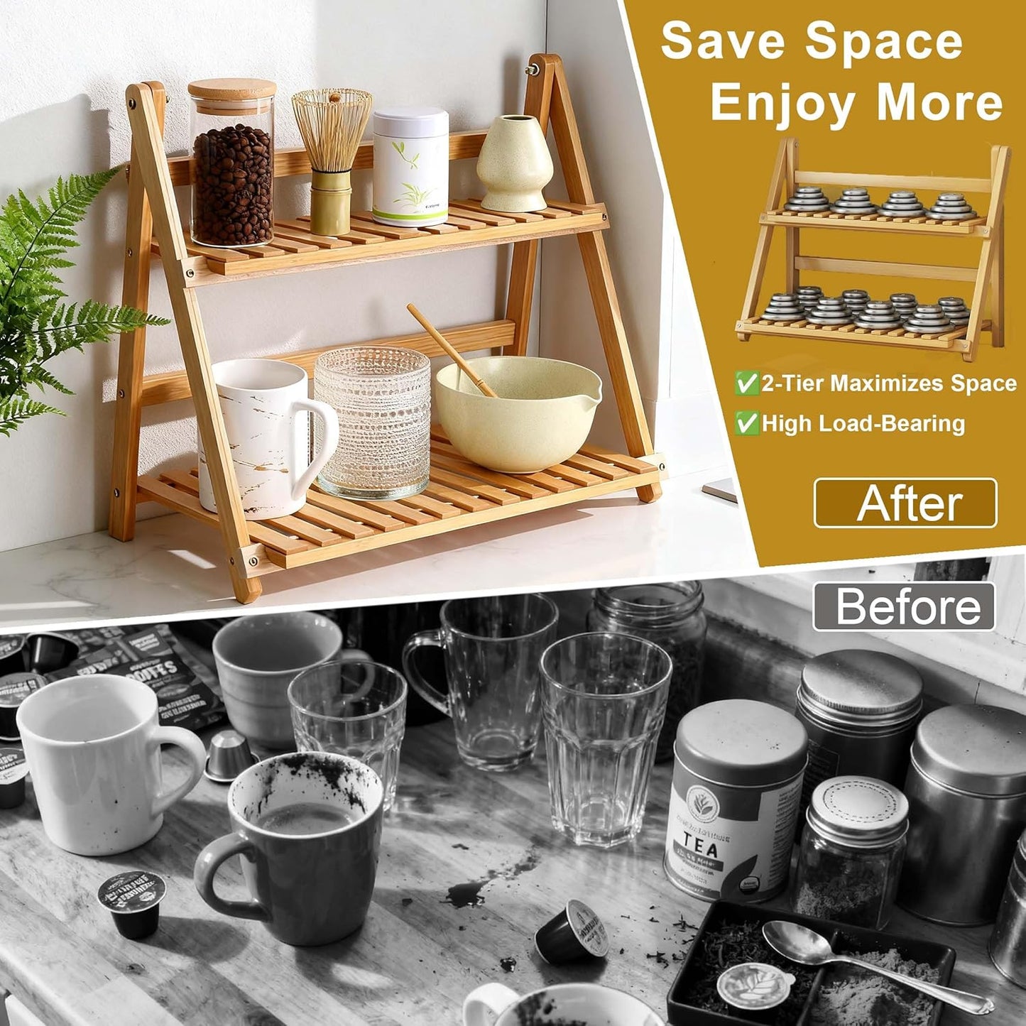 Coffee Station Organizer, Matcha Station, Foldable Bamboo Mug Holder for Countertop, Tea & Coffee Bar Accessories, 2 Tier Shelf for Kitchen Counter Organizer, Matcha Stand, Spice Rack