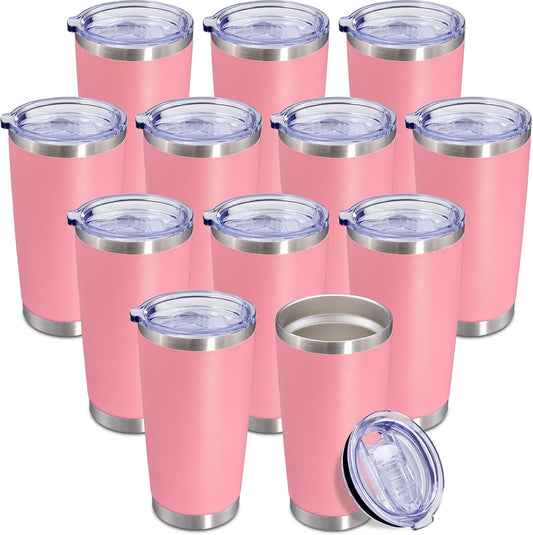 20 oz Tumbler Coffee Tavel Tumblers Bulk with Lid Stainless Steel Double Wall Vacuum Insulated Mug Powder Coated Cups fit Car Cupholder for Hot and Cold - Pink, 12Pack