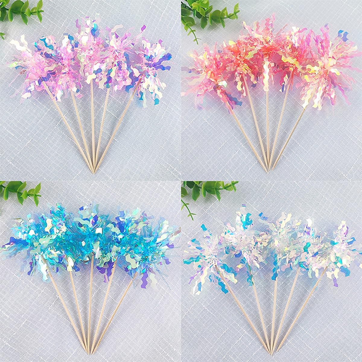 30 Pieces Happy Birthday Cake Toppers Foil Firework Cupcake Toppers Sparkle Tinsel Flower Drink Stirrers for Cake Decoration Party Supplies