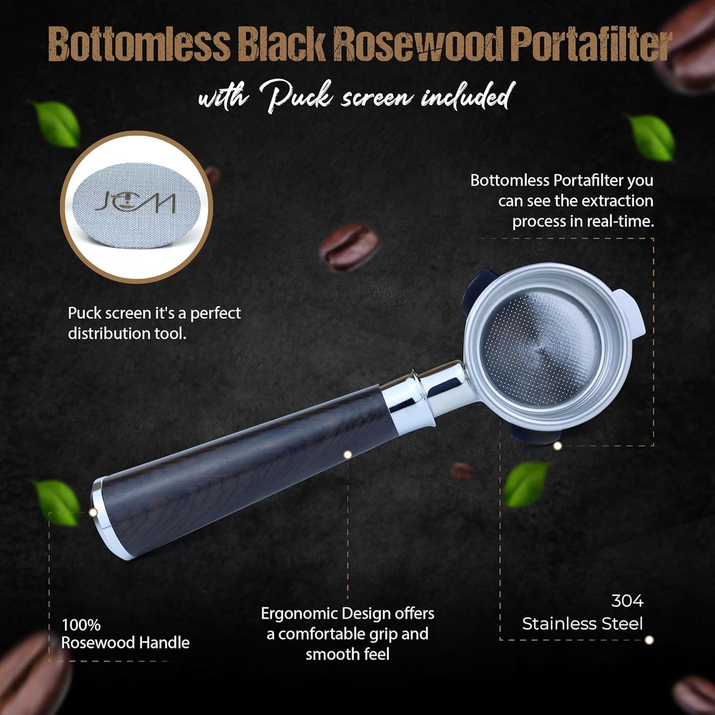 54mm Bottomless Portafilter 3 Ears Black Rosewood Handle Set– Fits Breville Barista Express, Bambino, Impress, Duo Temp Pro and Infuser – Includes 18g Filter Basket & 1.7mm Puck Screen
