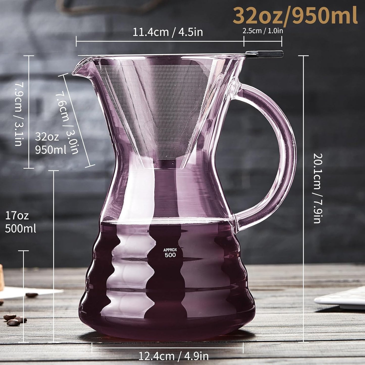 Unbreakable - Pour Over Coffee Maker with Permanent Stainless Filter 32 fl oz, Thickened Heat-Resistant Borosilicate Glass Dripper Coffee Brewer, Stovetop Safe, Pink