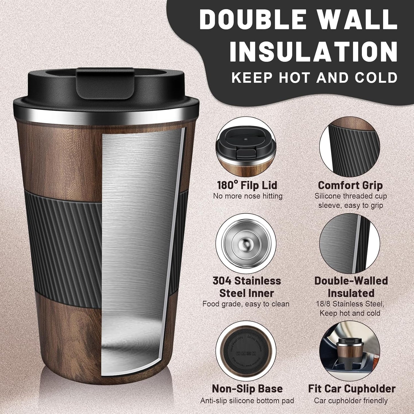 Insulated Coffee Tumblers with Flip Lid 12oz / 17oz, Stainless Steel Travel Coffee Mug Leak Proof, Vacuum Insulated Coffee Mug Reusable Cup, Keeps Cold and Hot for Coffee Tea
