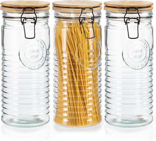 kitchentoolz Glass Storage Canister with Airtight Clasp Lids - Set of 3 Mason Jar Storage Containers for Cereal, Coffee & Rice - 56 Ounce Pantry Organizing Canister Set
