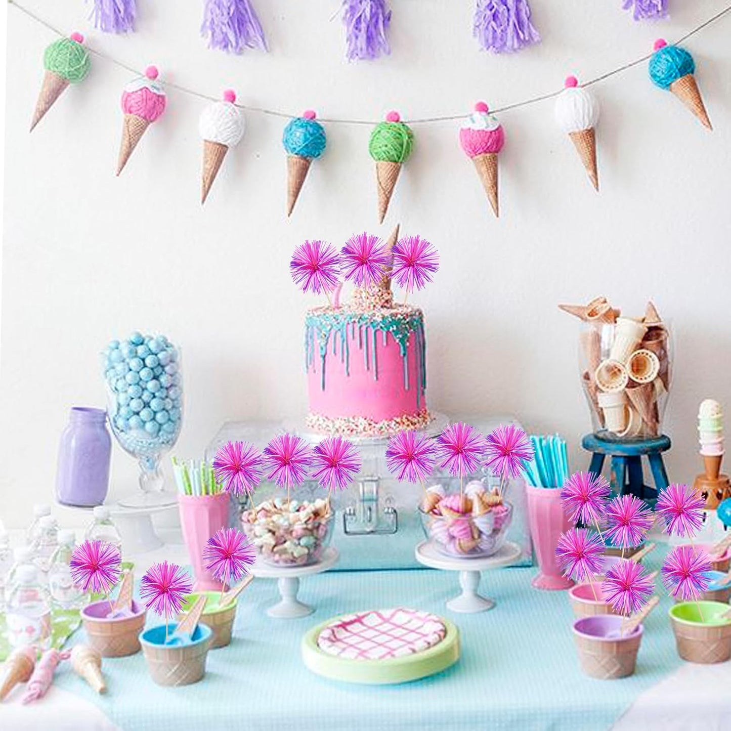 30 PCS Foil Firework Cupcake Toppers Happy Birthday Cupcake Toppers Sparkle Tinsel Flower Drink Stirrers Cocktail Fruit Toothpicks for Valentine's Day Baby Shower Party Cake Decor Supplies Rose Red