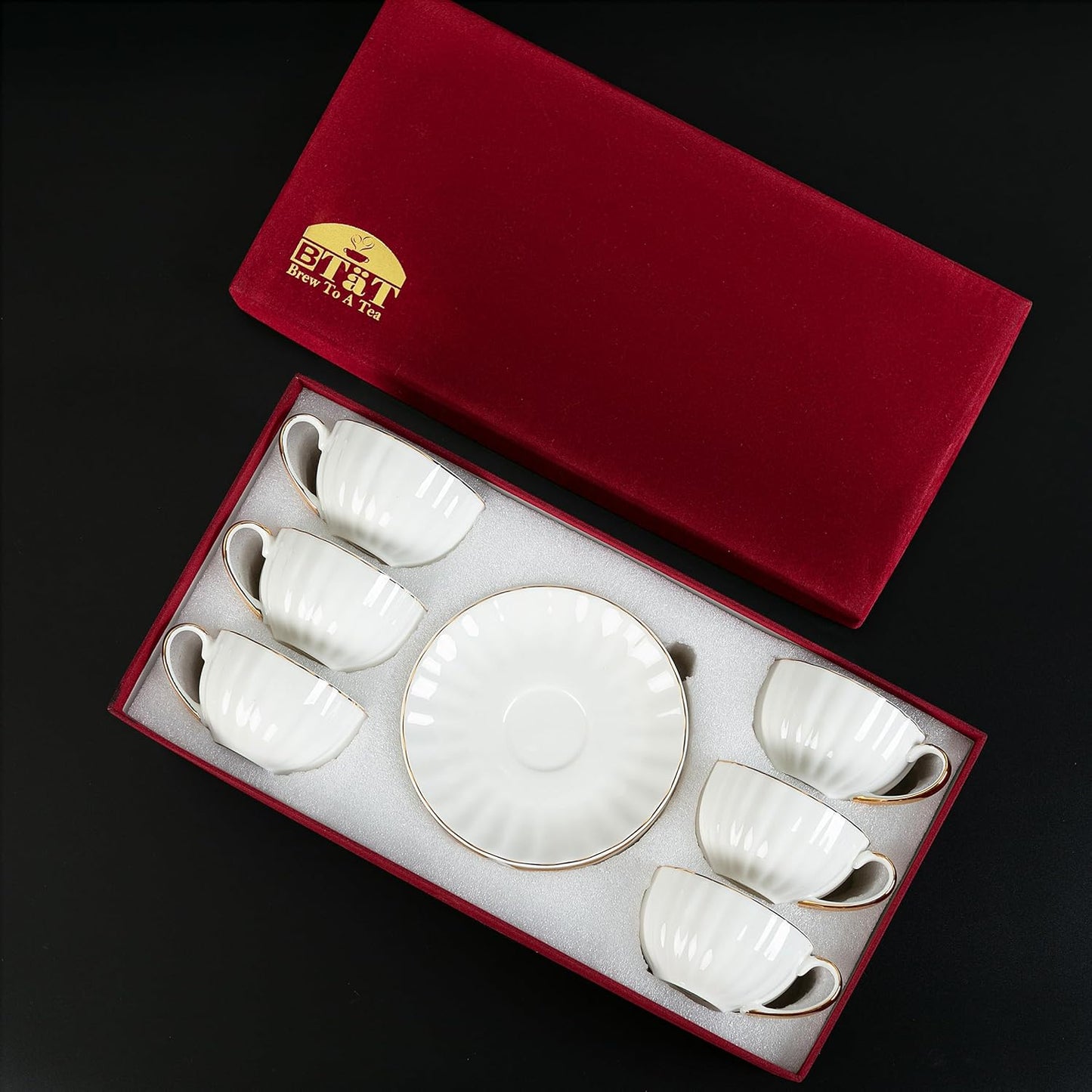 BTaT- White Tea Cups and Saucers Set With Gift Box, 7oz, Set of 6 With Gold Rim, for Adults, Bulk
