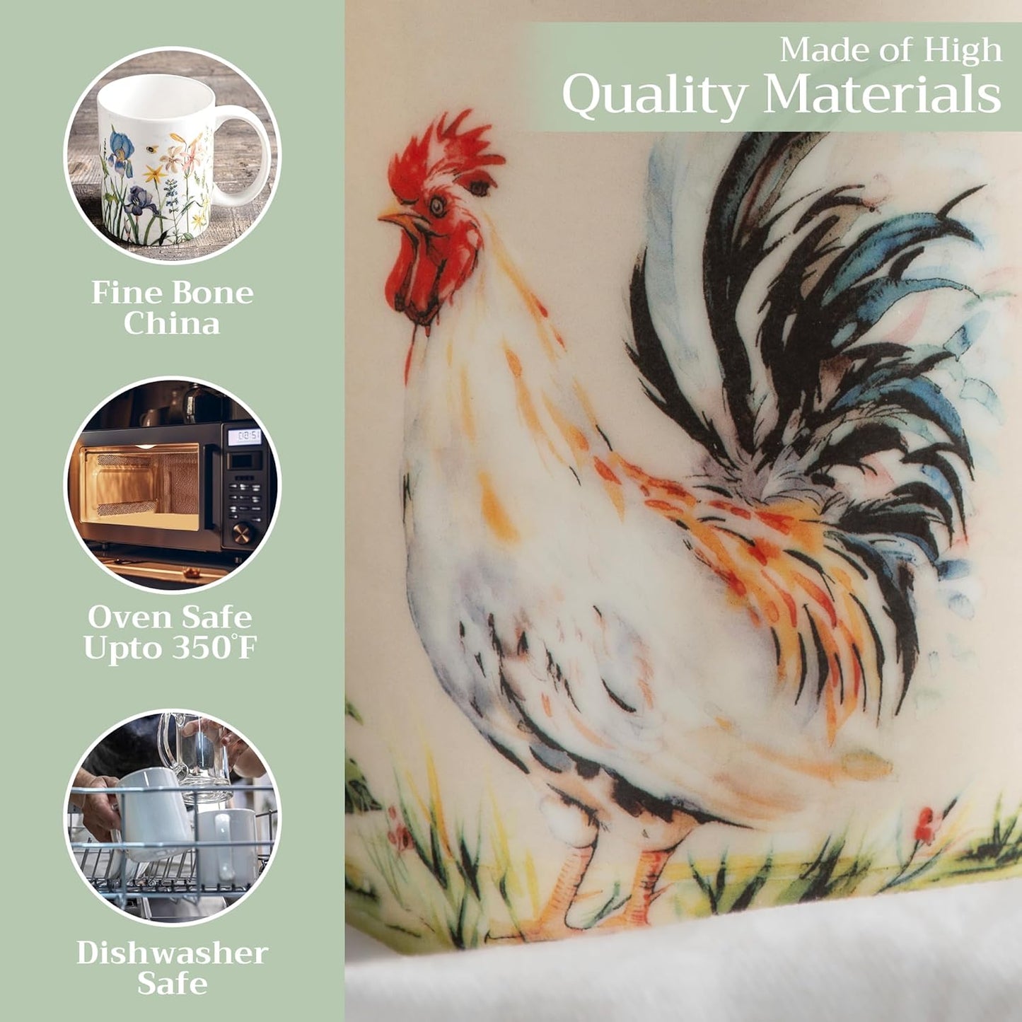 Maison d' Hermine Coffee Mug with Handles Fine Bone China Mugs Pack of One Tea Cups for Hot Beverages Cappuccino Latte Home Restaurant Office Perfect for Gift (Campagne - Coq, 12 Ounce)