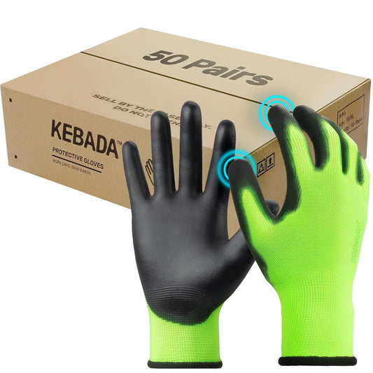Kebada W1 Work Gloves for Men and Women, Touchscreen PU Coated Gloves with Grip, 50 Pairs Bulk Pack, Ideal for Warehouse Package Handling, Construction, Gardening, Green Large