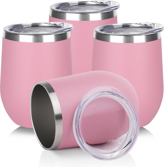 DOMICARE Stainless Steel Wine Tumbler Bulk with Lid, Personalized Insulated Tumblers Set, 12oz Travel Coffee Cups Pack of 4, Pink