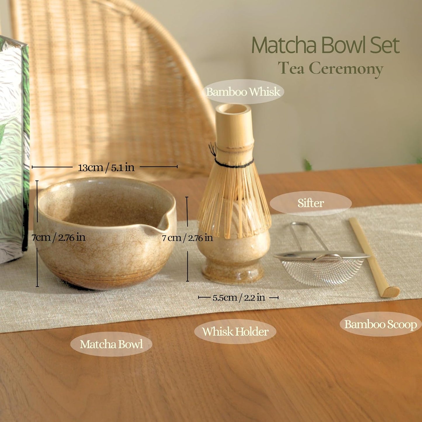 Matcha Whisk Set, Matcha Set, Handcrafted Bamboo Chasen & Ceramic Bowl Matcha Kit, 5 Pcs Matcha Set Whisk and Bowl with Stainless Steel Sifter, Bamboo Scoop & Holder for Matcha Tea Ceremony,Taupe
